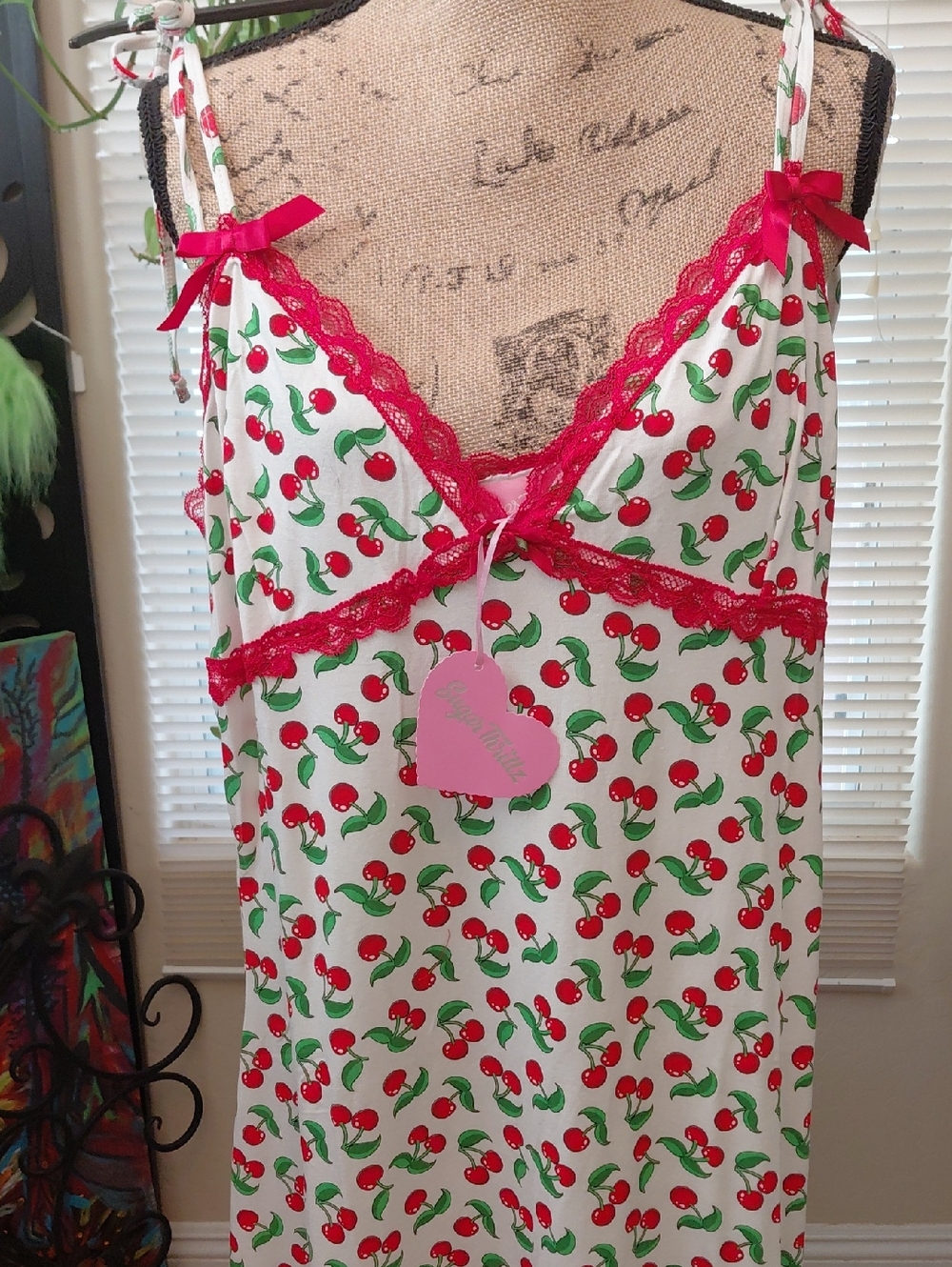 DOLLSKILL 1X Sugar Thrillz Red & White CHERRY PRINT Lace Trim SLIP DRESS